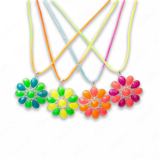 Zinc Alloy Assorted Bright Colors w Silver Plating and Neon cord Flower Necklace