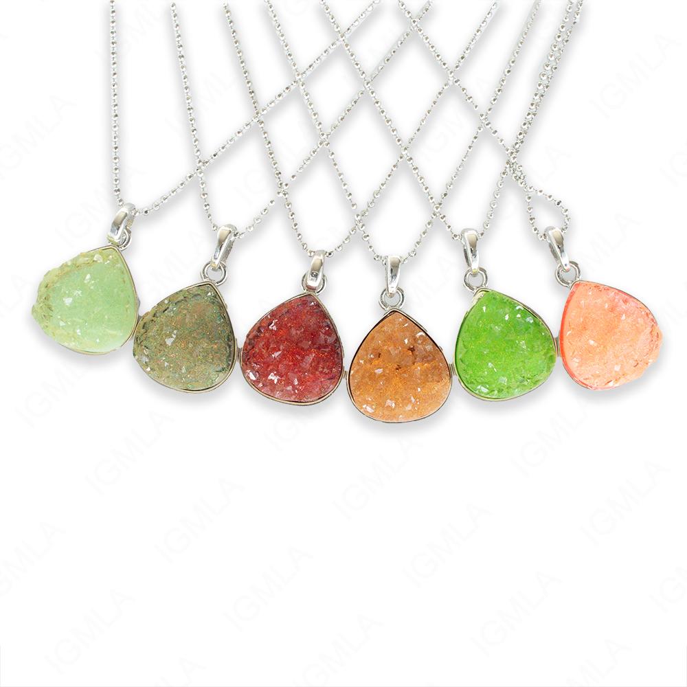 Zinc Alloy Assorted colors Druzy w Silver Plated Drop Necklace