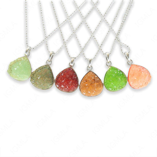 Zinc Alloy Assorted colors Druzy w Silver Plated Drop Necklace