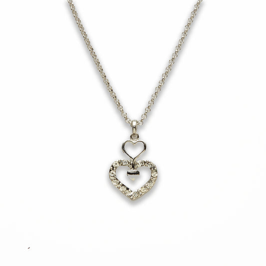 Zinc Alloy Clear Rhinestone Silver Plated Heart Necklace
