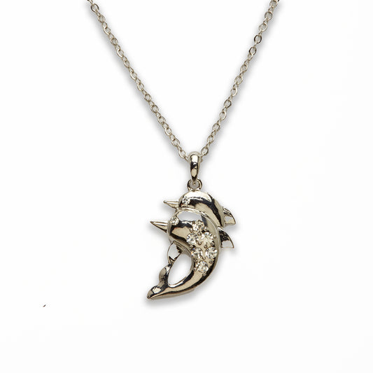 Zinc Alloy Clear Rhinestone Silver Plated Double Dolphin Necklace