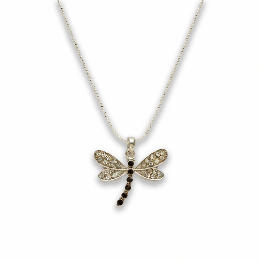Zinc Alloy Clear, Black Rhinestone Silver Plating Dragon Fly Necklace