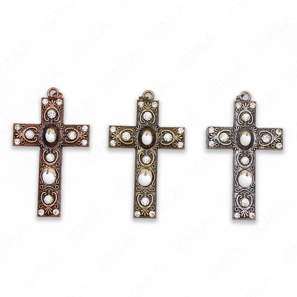 Zinc Alloy Gold, Silver, Copper Burnished W Rhinestone Cross Pendants