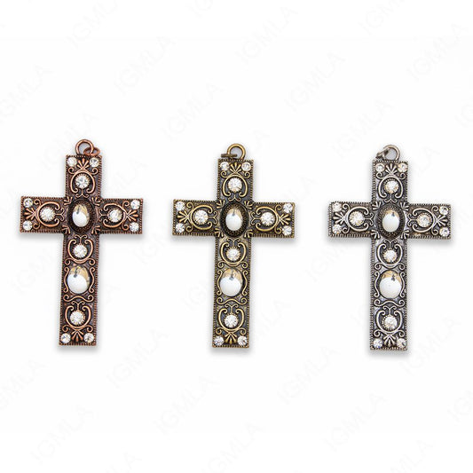 Zinc Alloy Gold, Silver, Copper Burnished W Rhinestone Cross Pendants