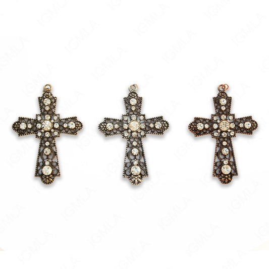 Zinc Alloy Gold, Silver, Copper Burnished W Rhinestone Cross Pendants