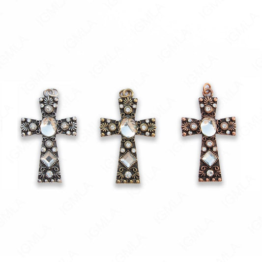 Zinc Alloy Gold, Silver, Copper Burnished W Rhinestone Cross Pendants