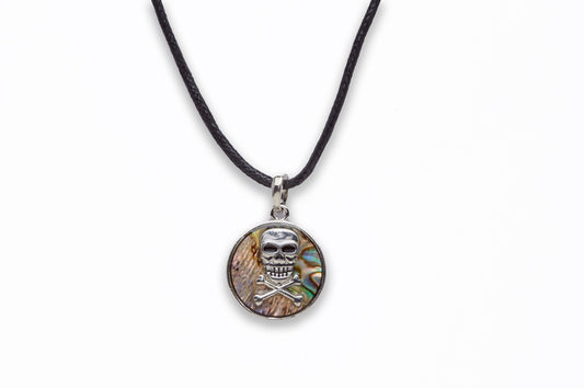 Zinc Alloy With Abalone Rhodium Plated w Black cord Pirates Skull Necklace