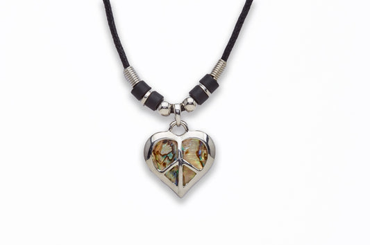 Zinc Alloy With Abalone Rhodium Plated w Black cord Peace Heart Necklace