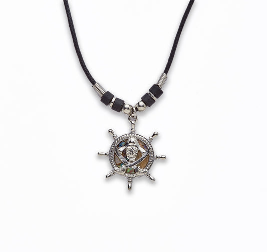 Zinc Alloy With Abalone Rhodium Plated w Black cord Pirates Wheel Necklace