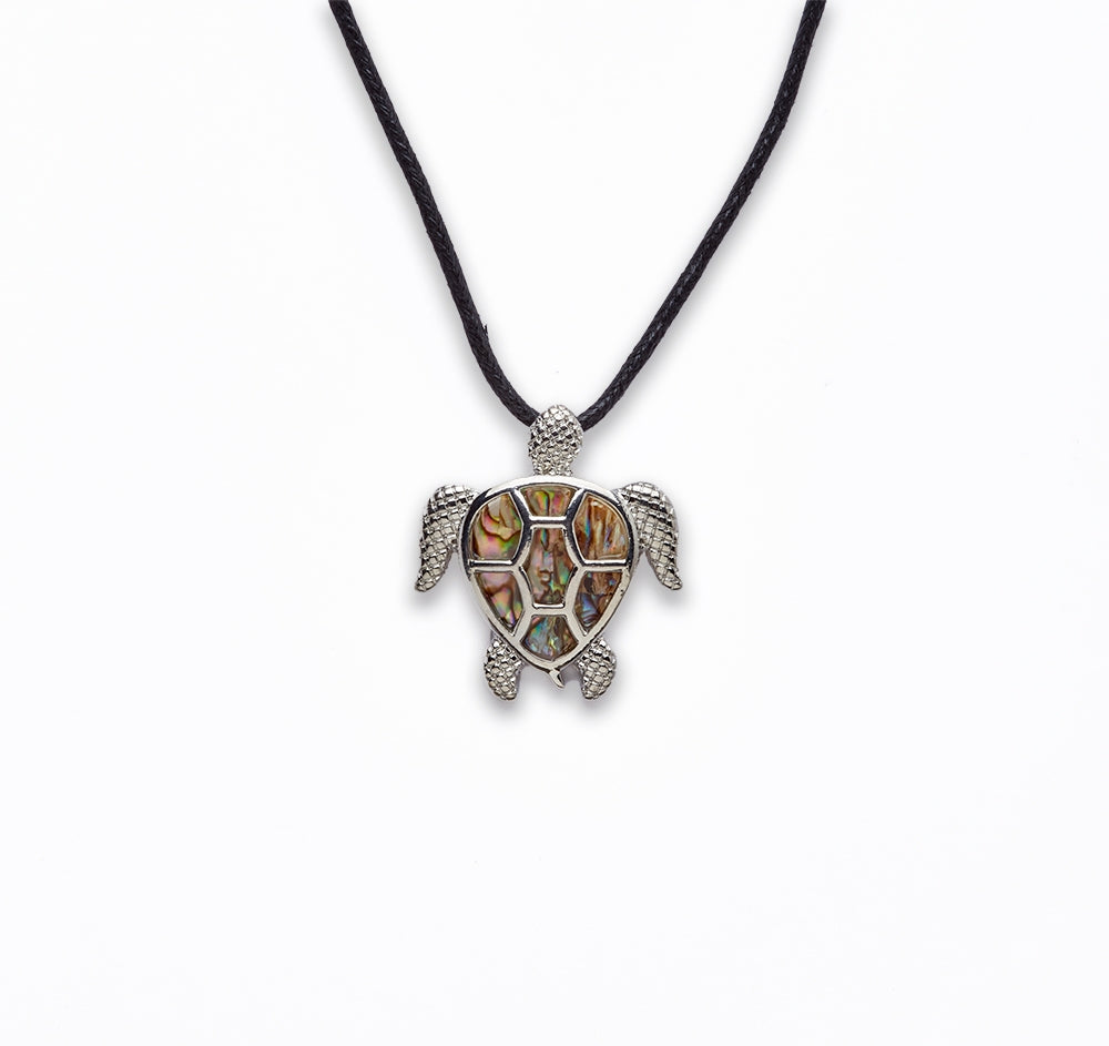 Zinc Alloy With Abalone Rhodium Plated w Black cord Swimming Turtle Necklace