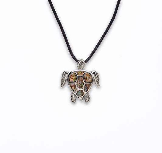 Zinc Alloy With Abalone Rhodium Plated w Black cord Swimming Turtle Necklace