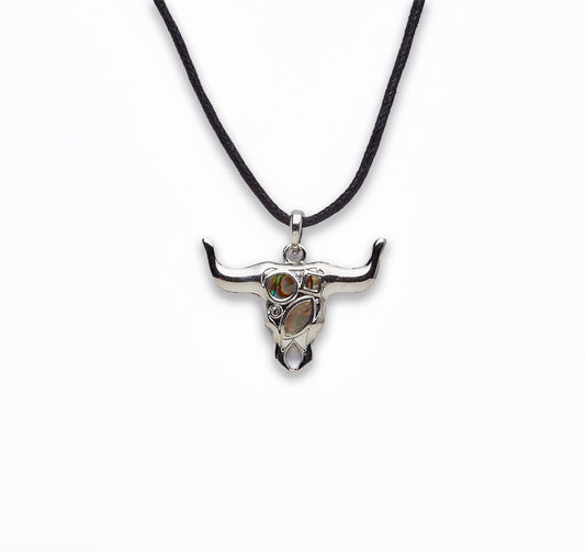 Zinc Alloy With Abalone Rhodium Plated w Black cord Animal Skull Necklace