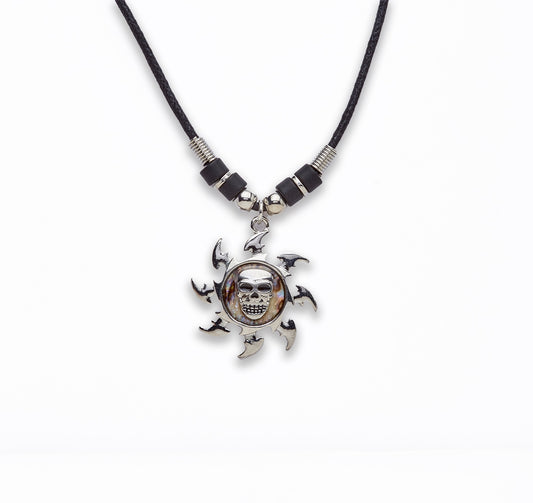 Zinc Alloy With Abalone Rhodium Plated w Black cord Sun Skull Necklace
