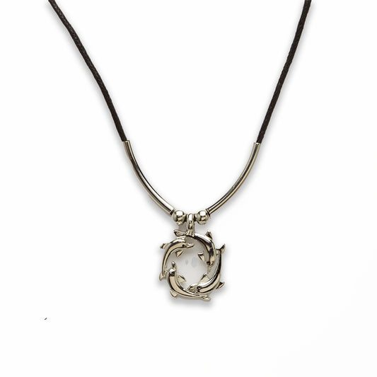 18 inch Zinc Alloy Silver Tone Circle Dolphins Necklace