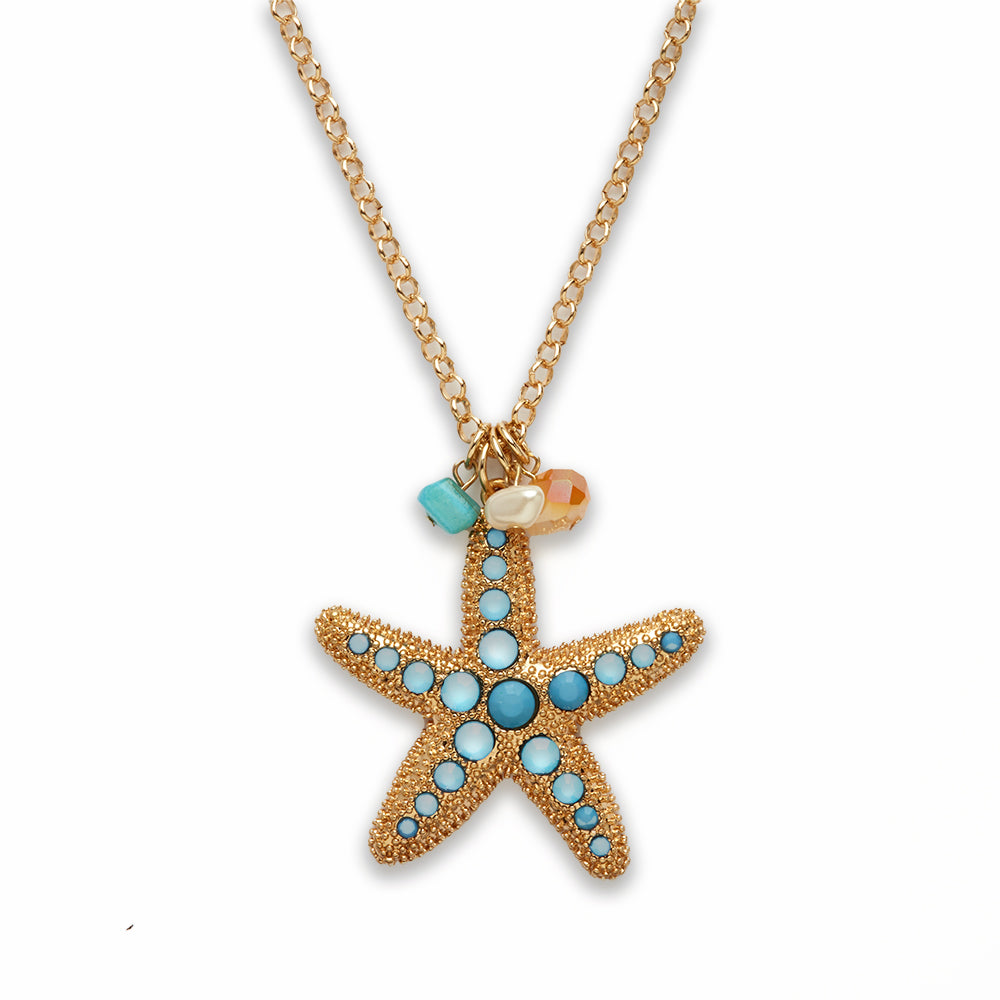 18 inch Zinc Alloy With Synthetic Turquoise Gold Tone Star Fish Necklace