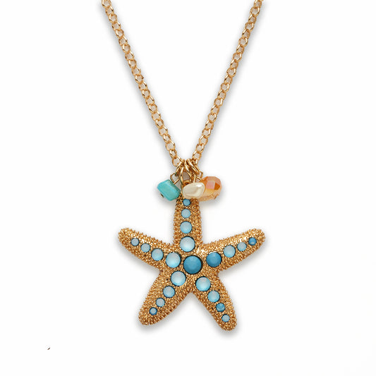 18 inch Zinc Alloy With Synthetic Turquoise Gold Tone Star Fish Necklace