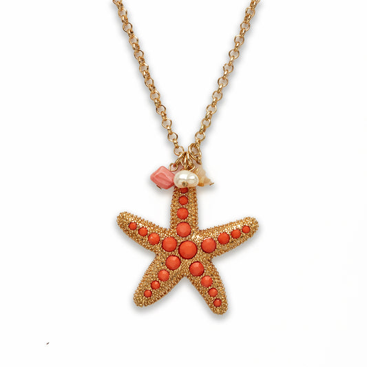 18 inch Zinc Alloy With Synthetic Coral Gold Tone Star Fish Necklace