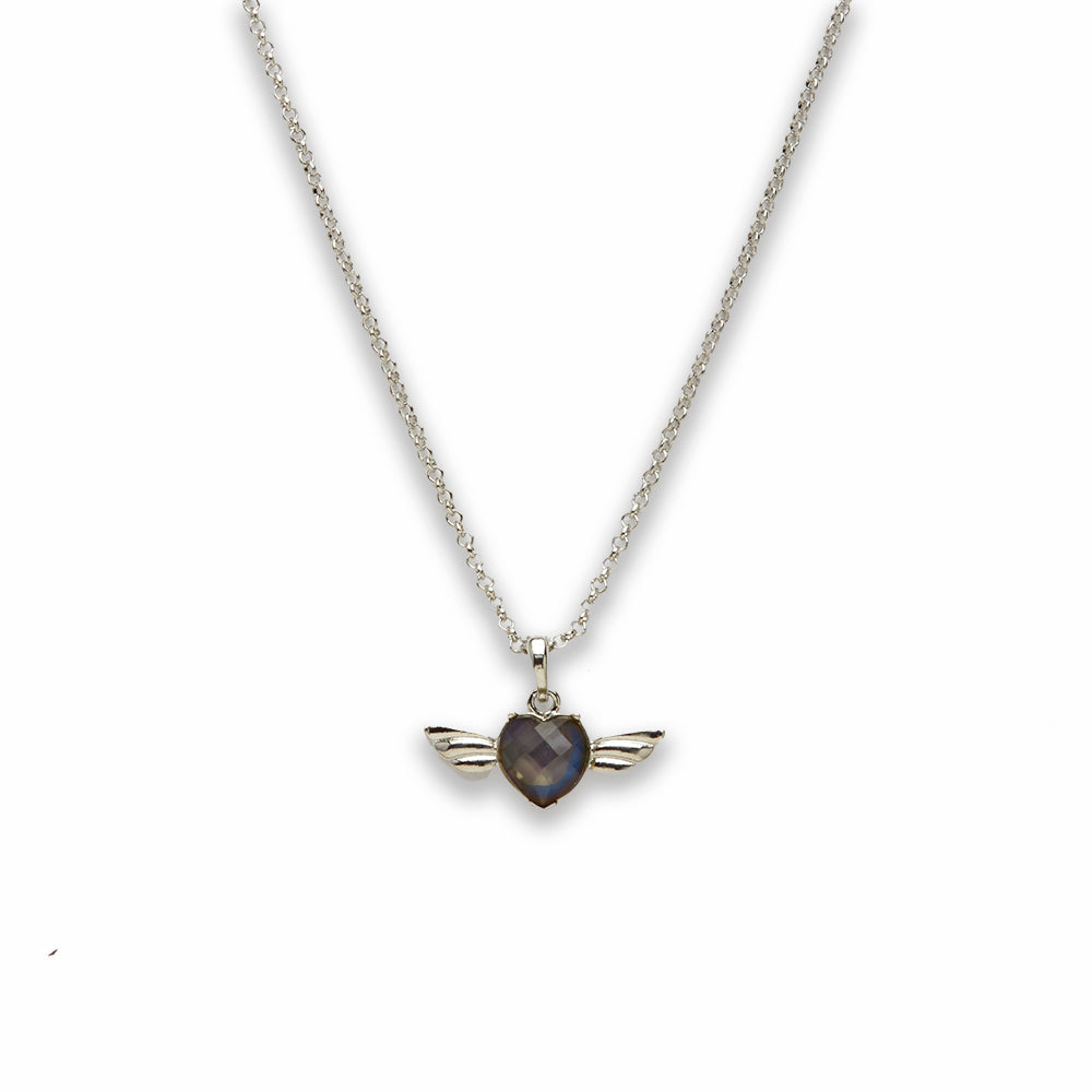 18 inch Zinc Alloy with Faceted Mood Stone Rhodium Heat with Wings Necklace