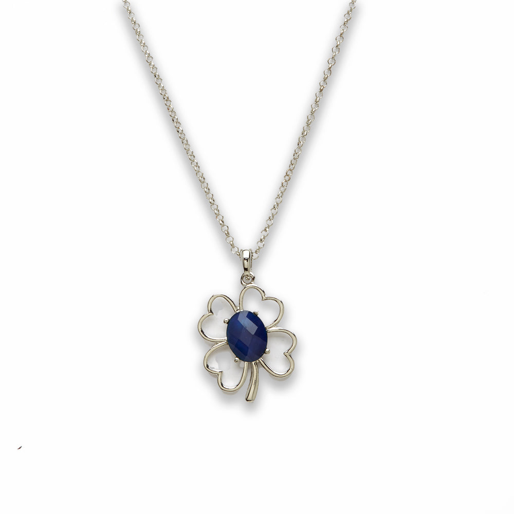 18 inch Zinc Alloy with Faceted Mood Stone Rhodium Four Leaf Clover Necklace