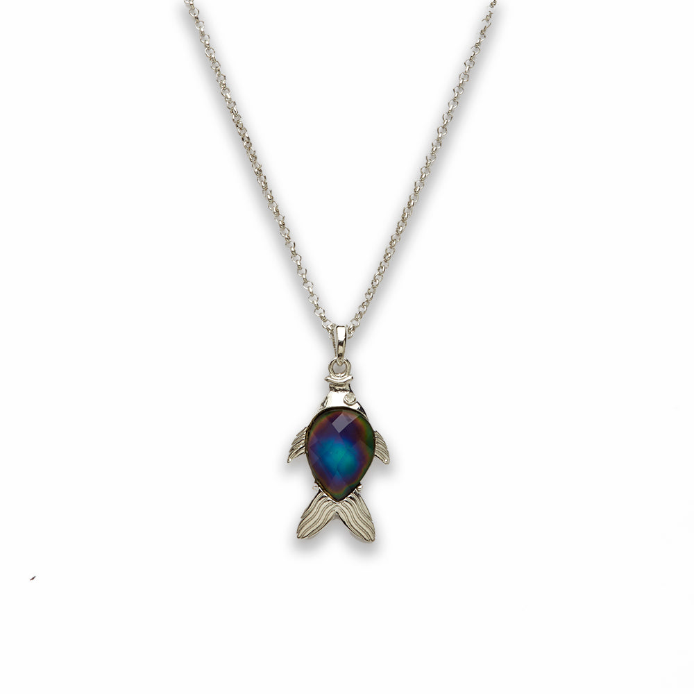 18 inch Zinc Alloy with Faceted Mood Stone Rhodium Fish Necklace