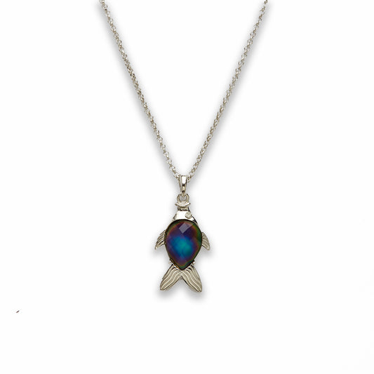 18 inch Zinc Alloy with Faceted Mood Stone Rhodium Fish Necklace