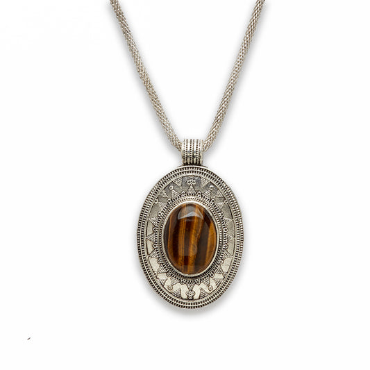 18 inch Zinc Alloy with Tiger Eye Burnish Silver Tone Oval Necklace