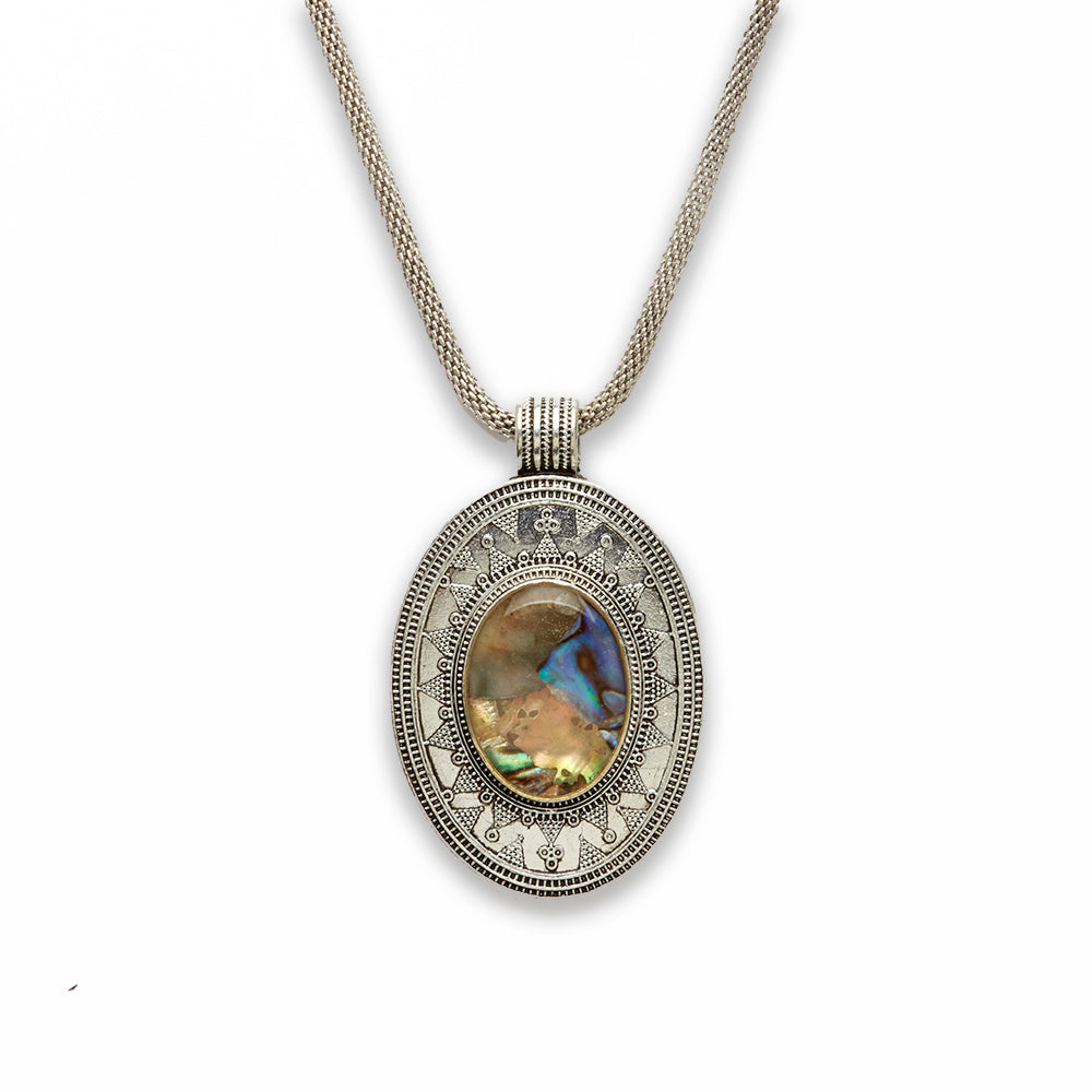 18 inch Zinc Alloy with Abalone Burnish Silver Tone Oval Necklace