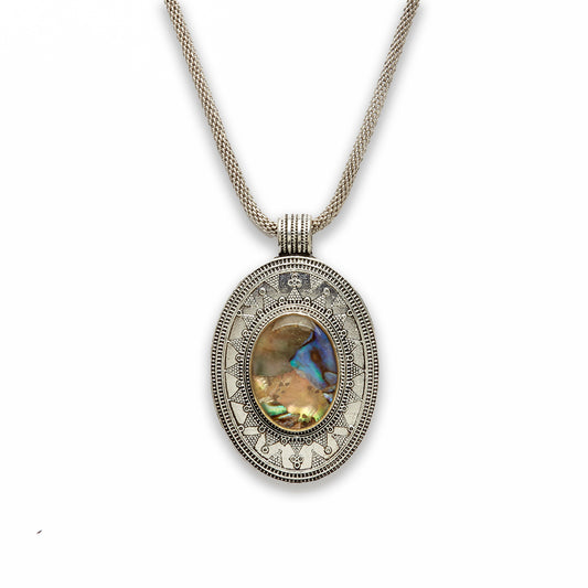 18 inch Zinc Alloy with Abalone Burnish Silver Tone Oval Necklace