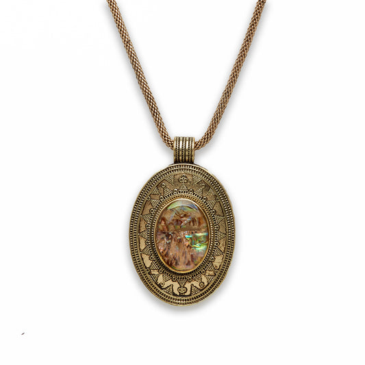 18 inch Zinc Alloy with Abalone Burnish Gold Tone Oval Necklace