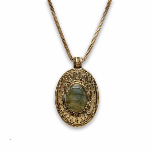18 inch Zinc Alloy with Labradorite Gold Burnish Tone Oval Necklace