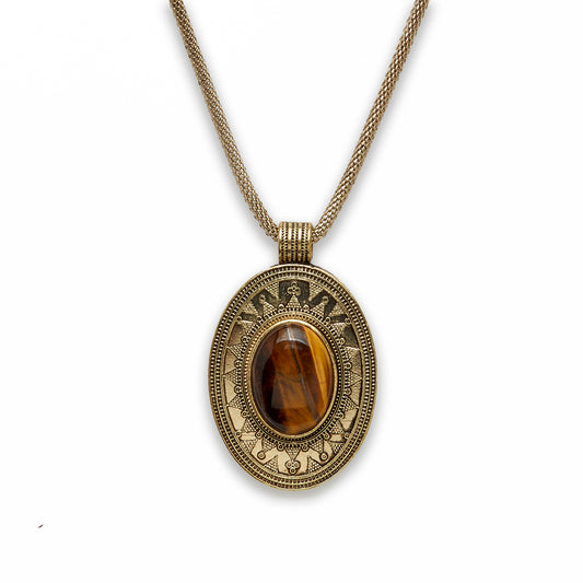 18 inch Zinc Alloy with Tiger Eye Gold Burnish Tone Oval Necklace