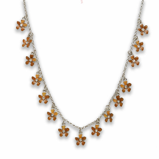 18 inch Zinc Alloy Rhodium with Brown Color Flower Charms Necklace