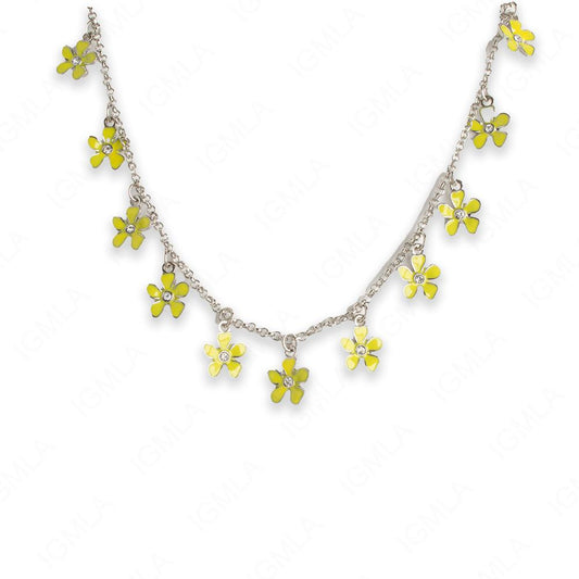 18 inch Zinc Alloy Rhodium with Neon Yellow Flower Charms Necklace