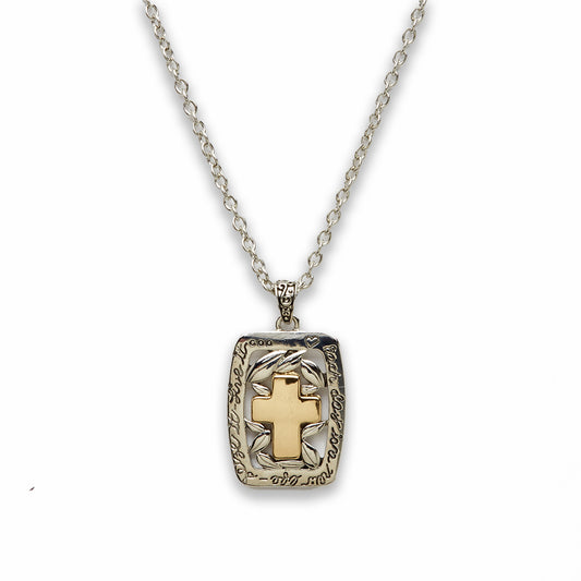 18 inch Zinc Alloy Nickel Tone with Gold Tone Cross with Rectangle Frame Necklace