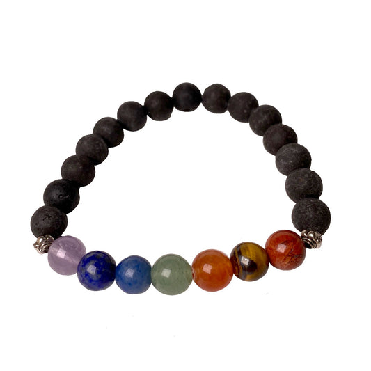 Seven stones of the chakras & Lava stone, 10mm round bead bracelet