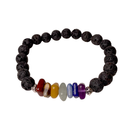 Seven stones of the chakras + Lava stone 8mm round & square bead bracelet